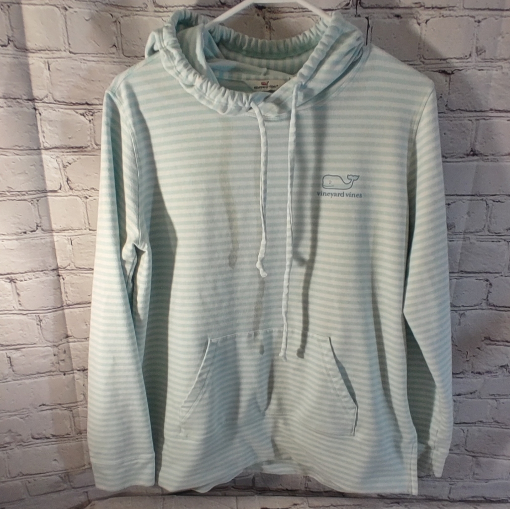 Vineyard Vines Rare Striped Medium Blue Hoodie Spell Out Pullover